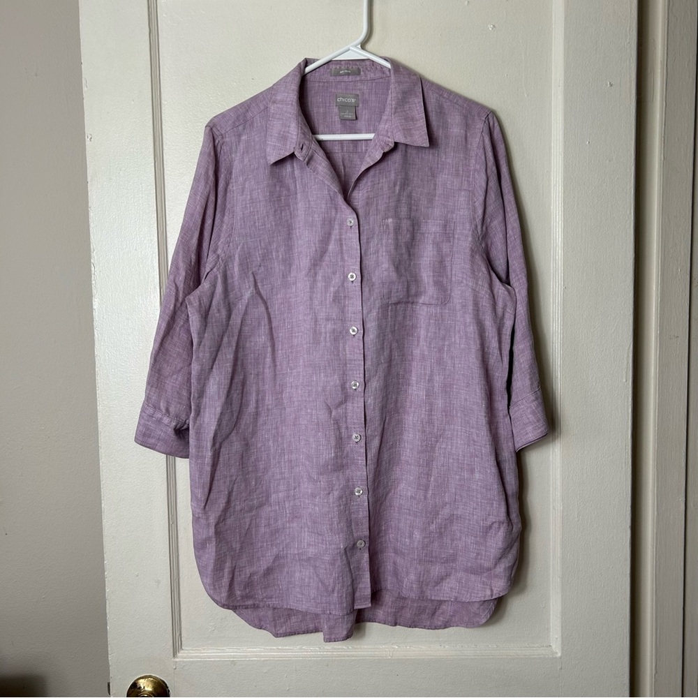 Chicos light purple no iron linen button up half sleeve shirt womens 12/14  2 - Picture 2 of 8